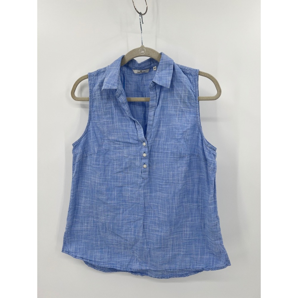 Tom Tailor Blue White Check Sleeveless Button Up 100% Cotton Blouse Size 42